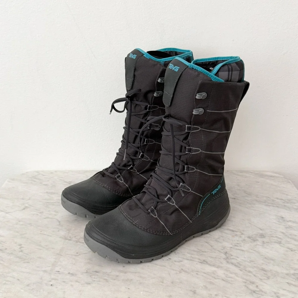 Teva Jordanelle Winter Boots Thinsulate Insulated Black Teal 9 Tall Lace Up